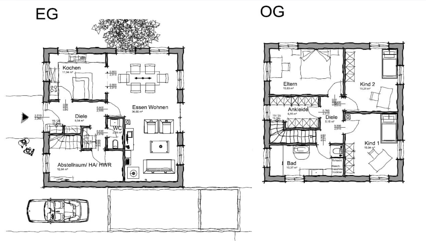 Ein Grundriss eines Hauses in der Holzrahmenbauweise von Holzbau Stocksiefen 